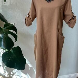 Minimalist Cottagecore Tan Linen-Blend Shift Dress S Kaktus